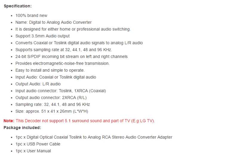 סטריאו כולל כניסת אוזניות RCA קואקסיאלי ל-2 RCA אופטי או Toslink - ממיר אודיו דיגיטלי לאנלוגי