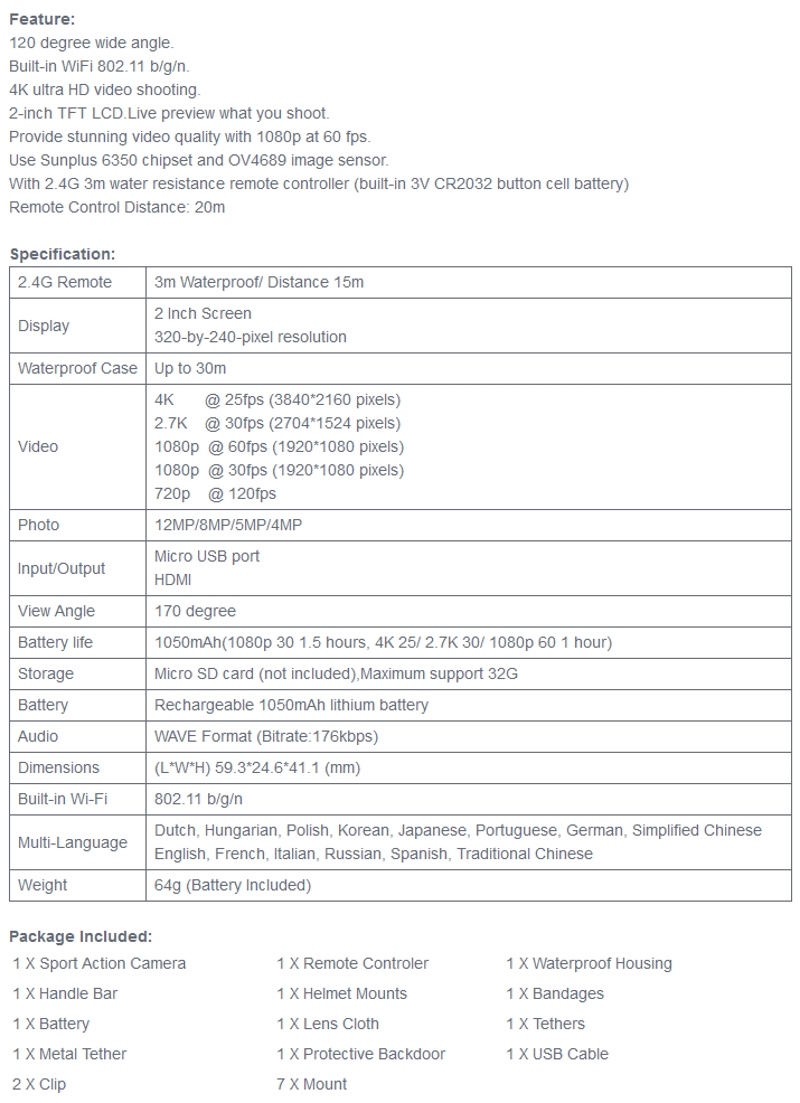 עם שלט חדישה 2026 D4409 WIFI 4K מצלמת ספורט אקסטרים.
