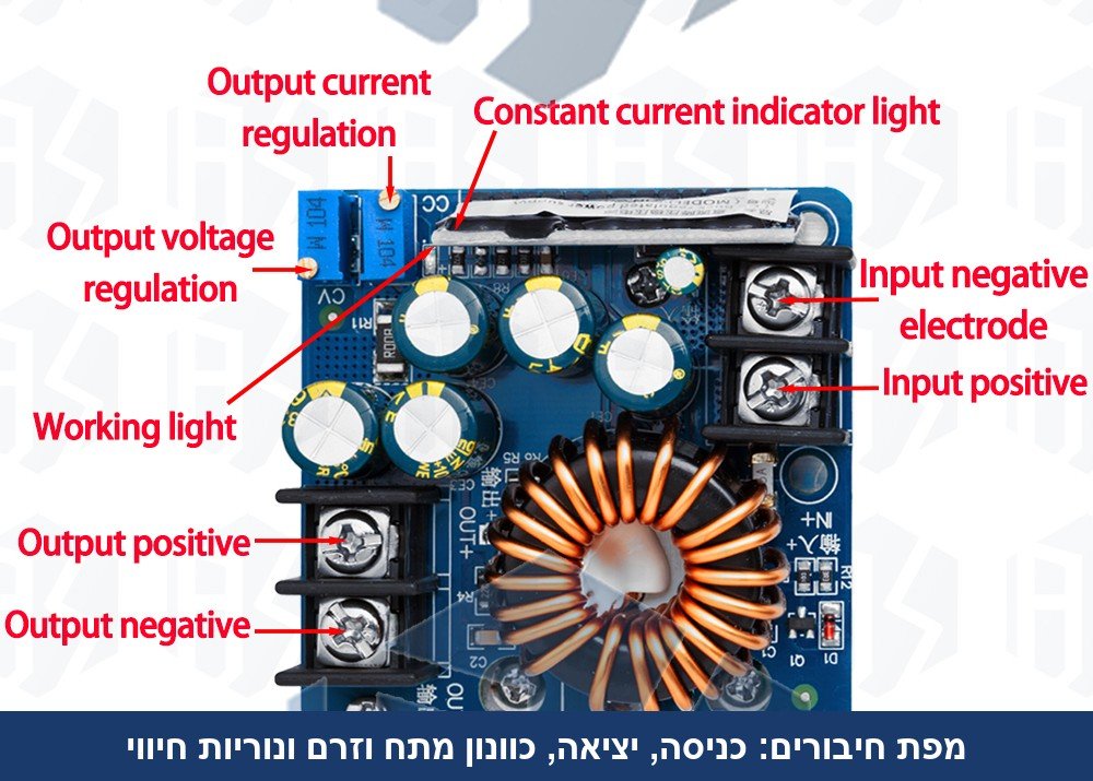 ממיר מוריד מתח DC-DC&rlm; 400W 15A &mdash; כניסה 10-60V, יציאה מתכווננת 0-45V עם ייצוב מתח וזרם.