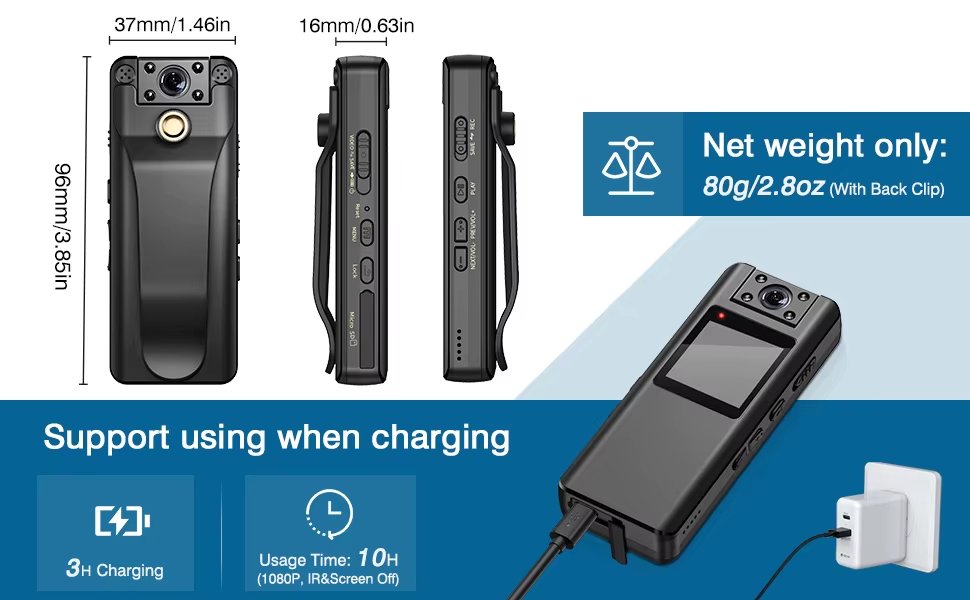 BOBLOV A22 HD מצלמת גוף לשוטרים ואנשי ביטחון עם ראיית לילה וזיהוי תנועה.