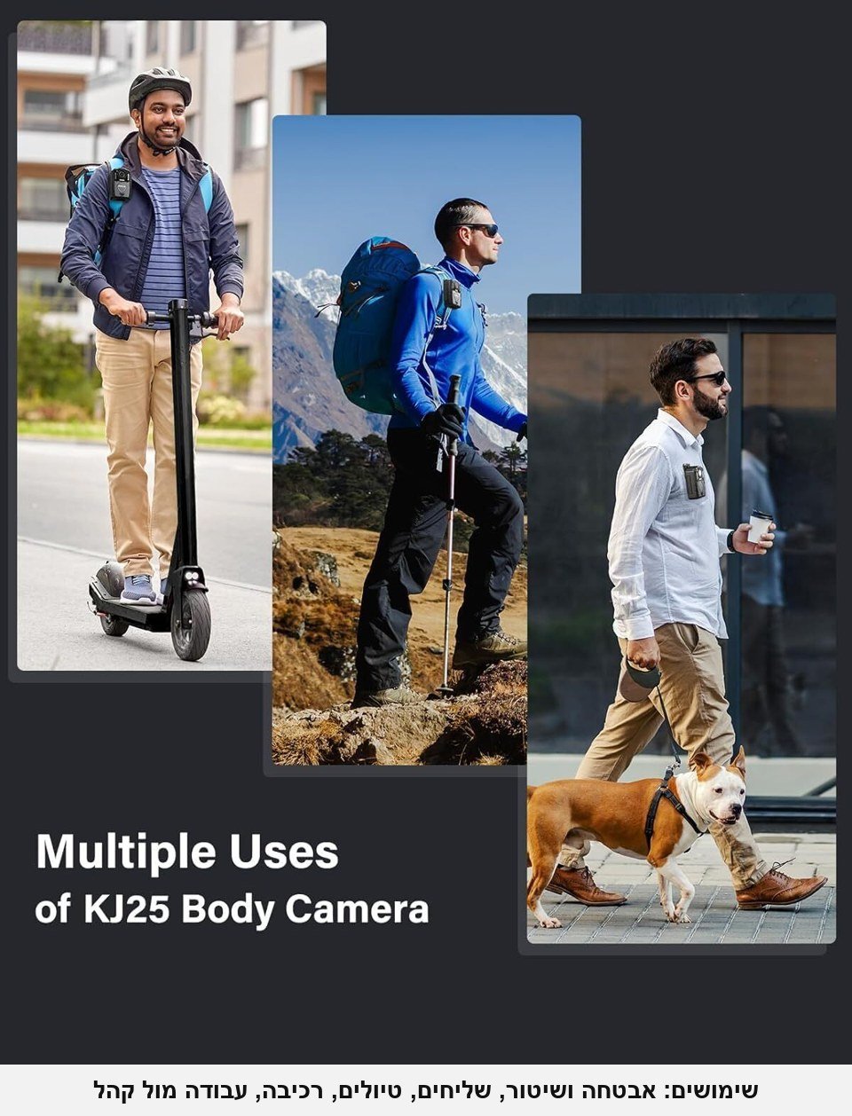 מצלמת גוף משטרתית BOBLOV KJ25 &mdash; וידאו 2K/1440P ותמונות 48MP, ראיית לילה עם 10 נורות אינפרא-אדום, סוללה 3000mAh לעד 13 שעות הקלטה, כולל כרטיס זיכרון 64GB; לשוטרים, מאבטחים, שליחים ומטיילים.