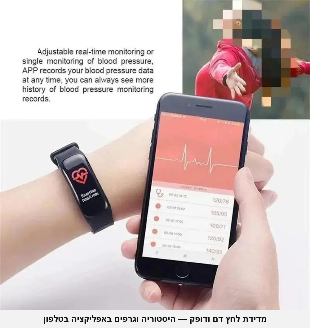צמיד כושר חכם C1 Plus עם מסך צבעוני &mdash; מד דופק, לחץ דם, מונה צעדים, קלוריות, מרחק ושינה, התראות שיחות והודעות מהטלפון; עמיד למים, בשחור / כחול / סגול לבחירה.