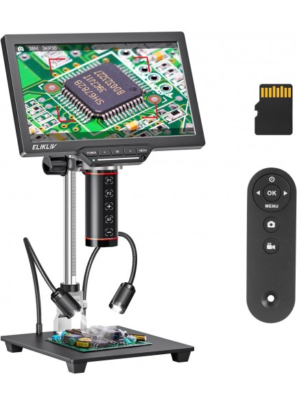 Elikliv EM3K-AF מיקרוסקופ דיגיטלי כולל שלט USB 38MP פוקוס אוטומטי מגדיל פי 2000 עם מסך 10.1 אינץ ומעמד *במלאי מיידי*