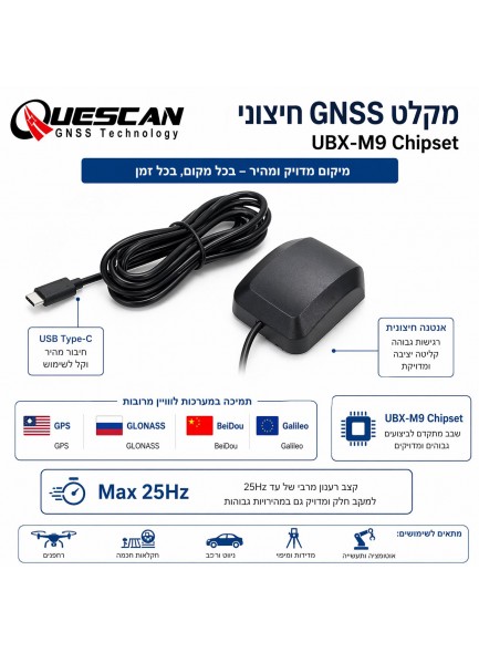 מקלט ניווט לווייני חיצוני למחשב עם שבב UBX-M9 ותמיכה ב־ GPS GLONASS BeiDou Galileo *במלאי מיידי*