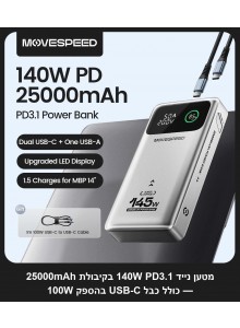 מטען נייד עוצמתי 140W 25000mAh עם תצוגה דיגיטלית MOVESPEED M25Pro *במלאי מיידי*