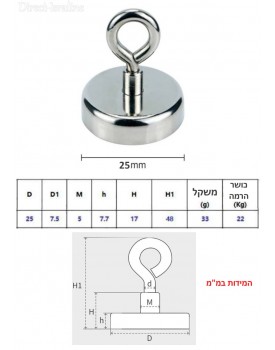 מגנט בקוטר 25 מ"מ עם טבעת אחיזה להרמה עד 22 ק"ג D25mm *במלאי מיידי*
