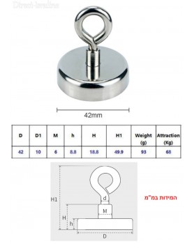 מגנט בקוטר 42 מ"מ עם טבעת אחיזה להרמה עד 68 ק"ג D42mm M6  *במלאי מיידי*