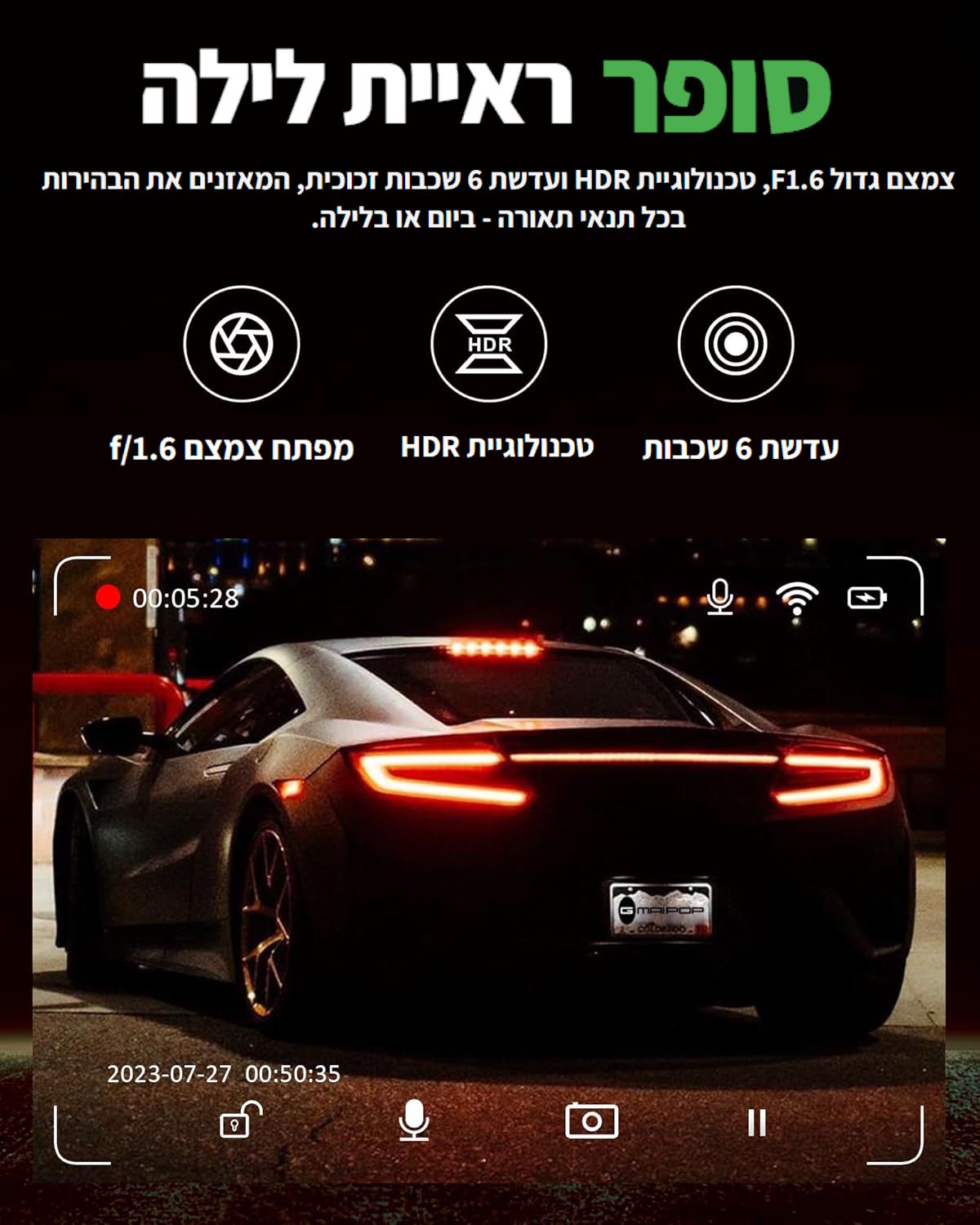 GMAIPOP G900 4K WiFi D3874 מצלמה לרכב עם מסך 3 אינץ ואפליקציה.