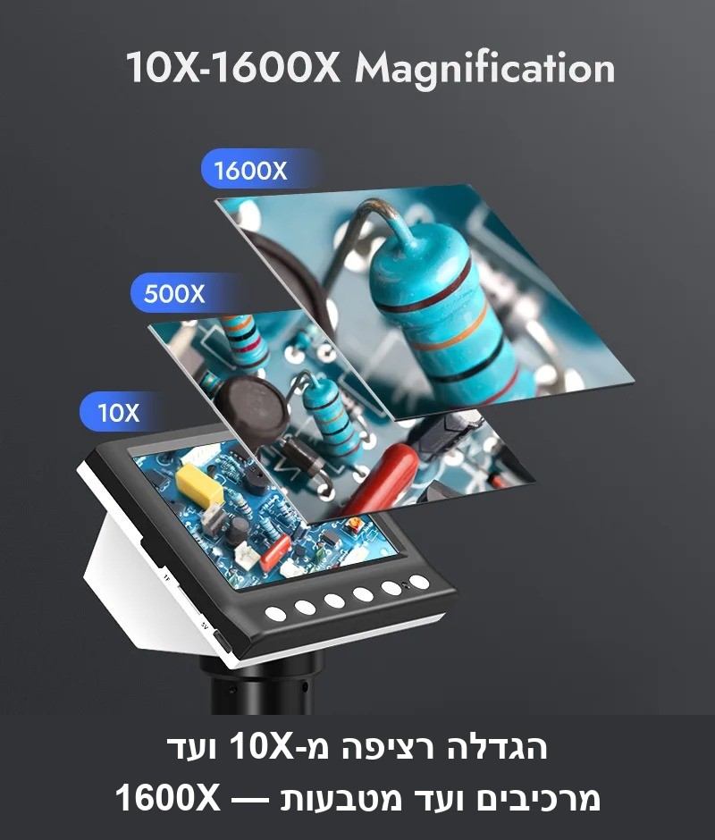 מיקרוסקופ דיגיטלי USB מגדיל פי 1600 עם מסך 4.3 אינץ ומעמד/משטח עבודה D6720.