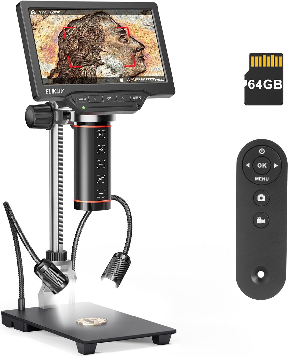 Elikliv EM3K-AF עם מסך 7 אינץ ופוקוס אוטומטי מגדיל פי 2000 USB 38MP מיקרוסקופ דיגיטלי.