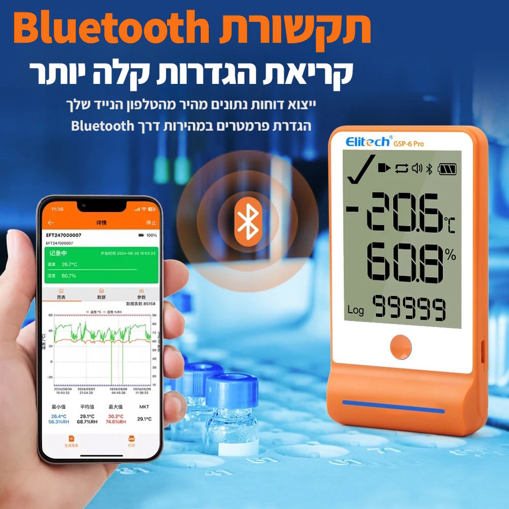 Elitech GSP-6PRO Bluetooth Temperature and Humidity Data Logger אוגר נתוני טמפרטורה ולחות אלחוטי.