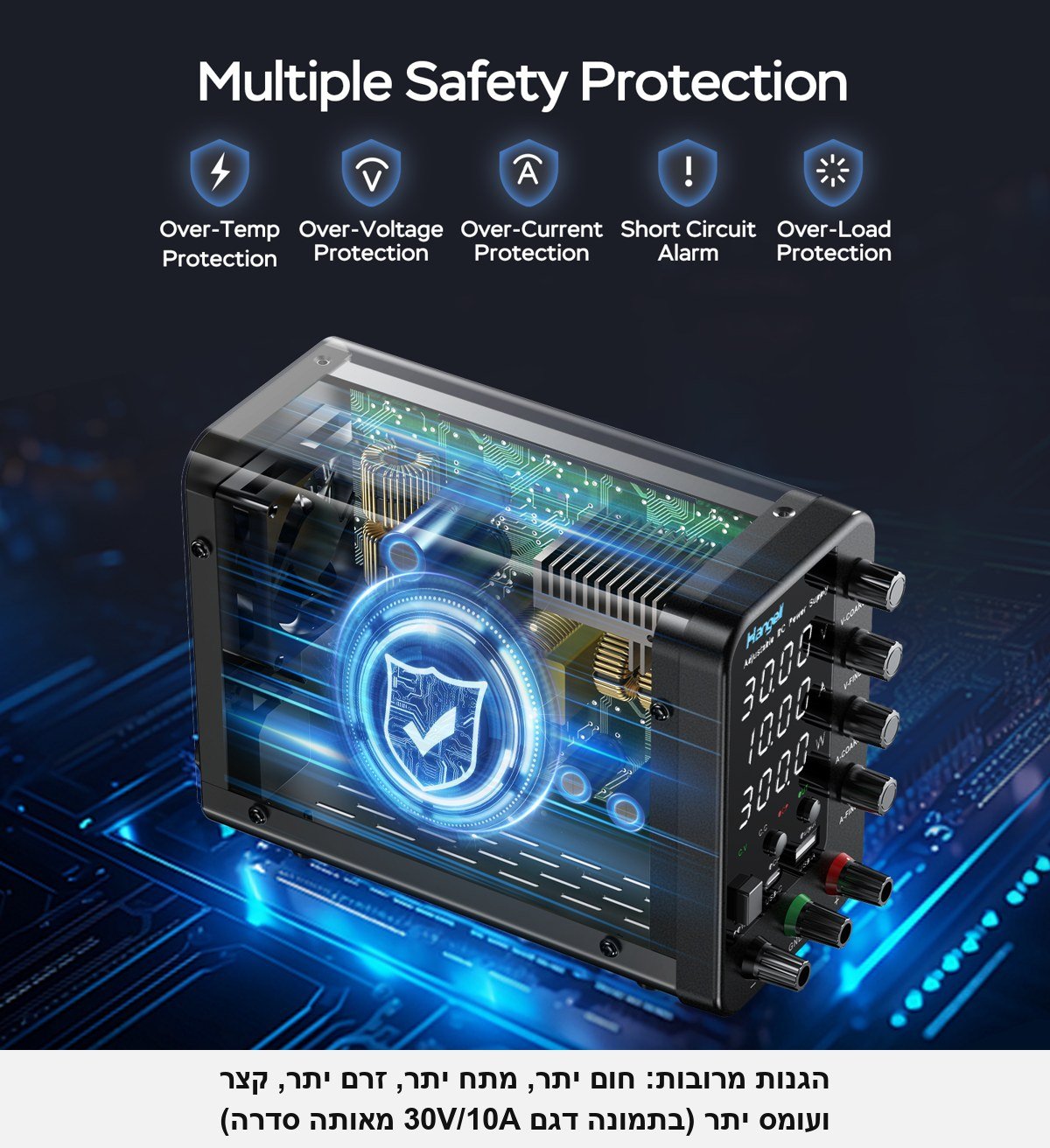 ספק כוח מעבדתי מתכוונן Hangell HPS605 &mdash; 0-60V / 0-5A / 300W, תצוגת LED ל-4 ספרות, כוונון גס/עדין בכפתורים סיבוביים, הגנות OCP/OVP/OTP ויציאות טעינה USB-A / USB-C.