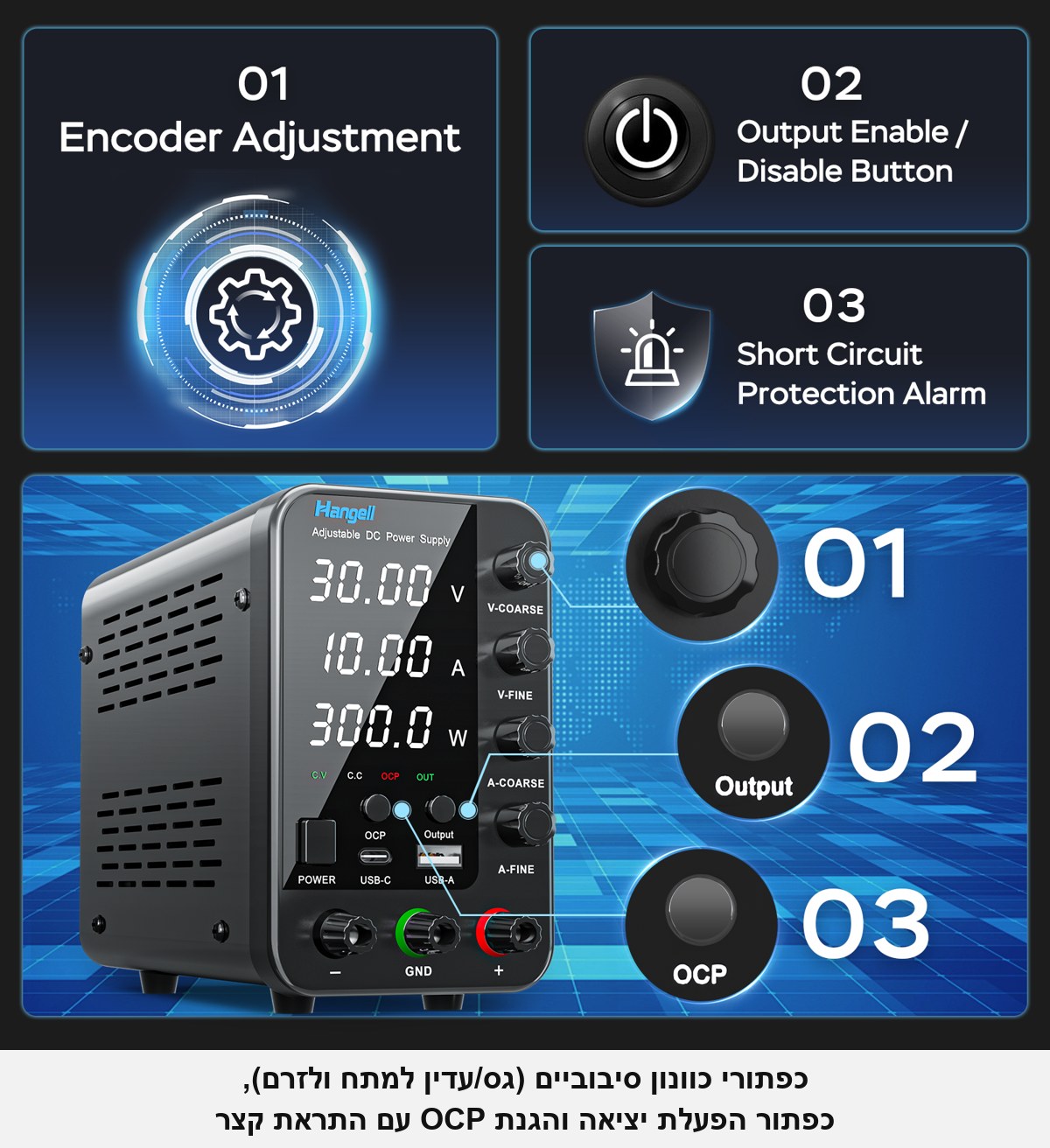 ספק כוח מעבדתי מתכוונן Hangell HPS605 &mdash; 0-60V / 0-5A / 300W, תצוגת LED ל-4 ספרות, כוונון גס/עדין בכפתורים סיבוביים, הגנות OCP/OVP/OTP ויציאות טעינה USB-A / USB-C.
