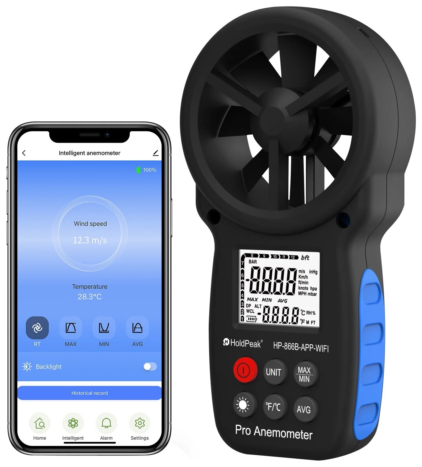 מד רוח מקצועי עם חיבור לאפליקציה HoldPeak HP-866B WiFi.