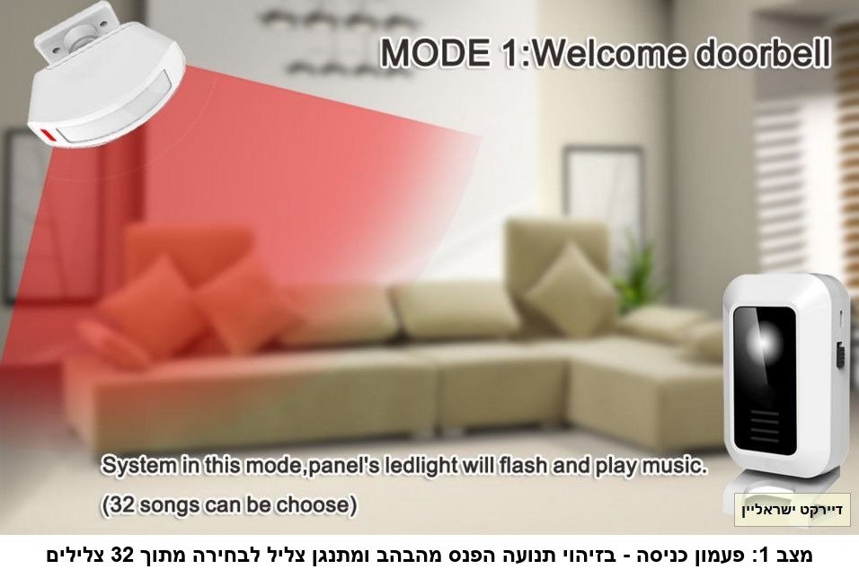 פעמון/אזעקה אלחוטי לדלת/חלון KERUI M7 עם 2 גלאי תנועה &mdash; טווח עד 150 מטר, 32 צלילים, פנס מובנה.