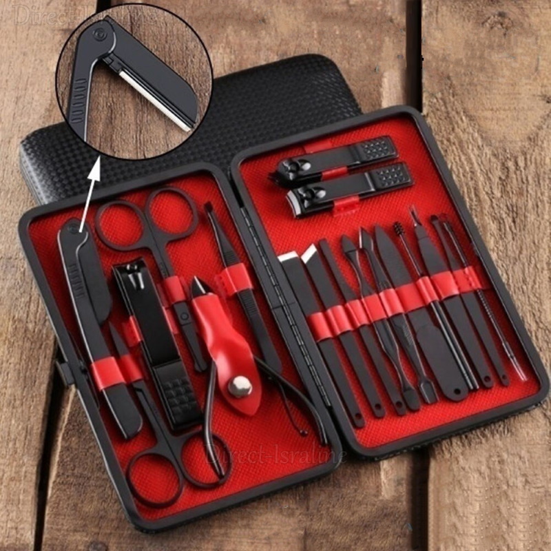 D4528 סט מניקור פדיקור מקצועי 18 חלקים מושחרים בנרתיק שחור