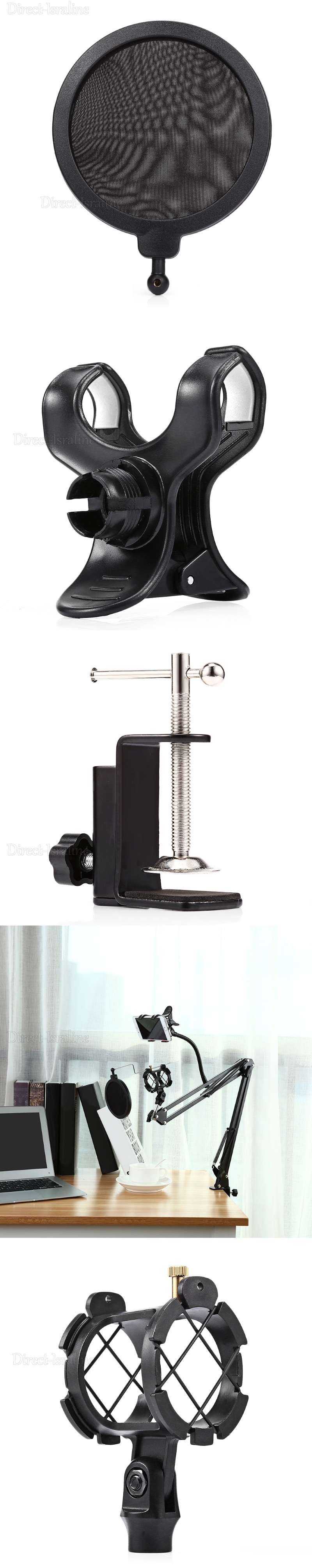 D3730 מעמד למיקרופון כולל זרוע שולחנית מסנן פופים ואחיזה