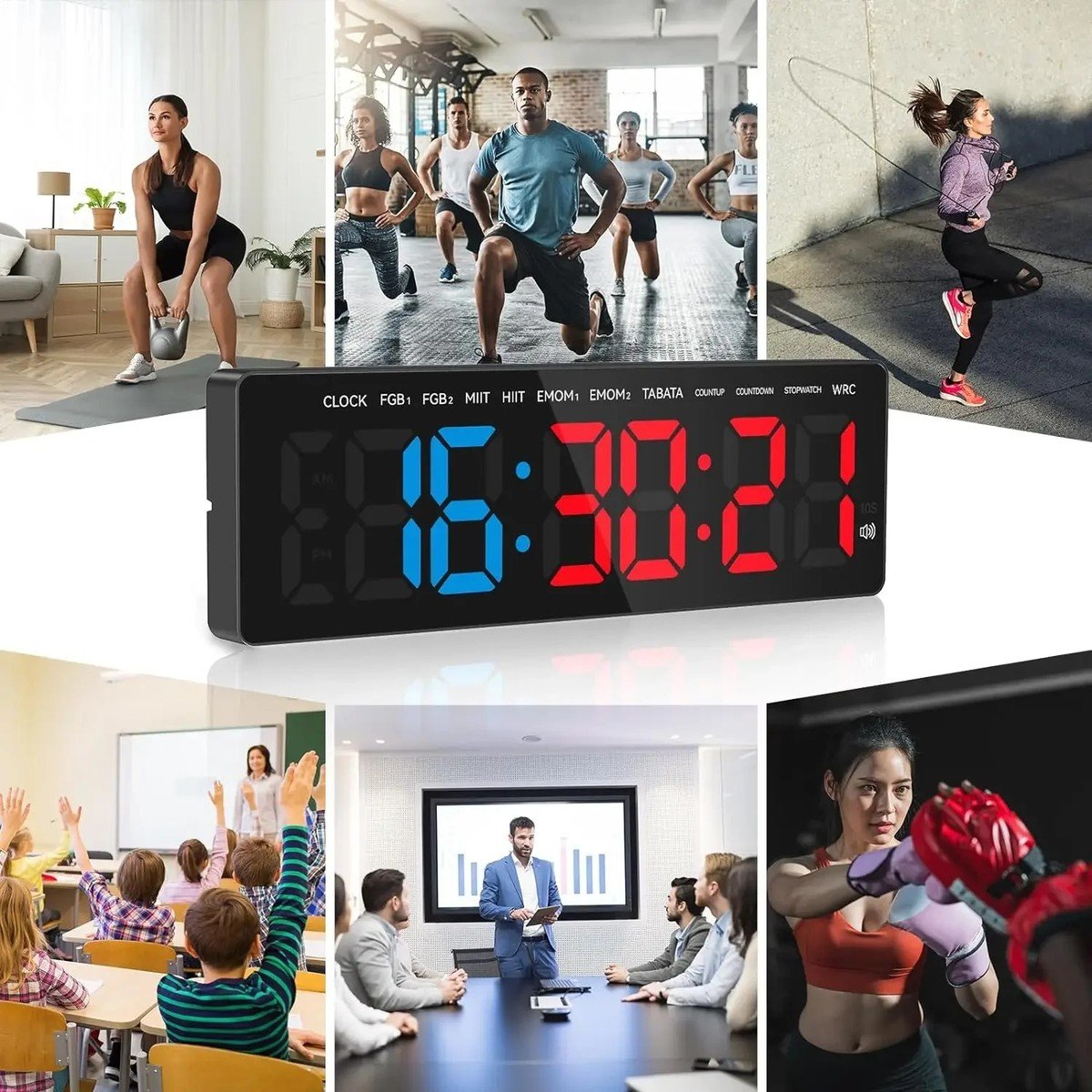 טיימר אימונים ושעון קיר דיגיטלי LED עם ספרות ענק 3.5 אינץ' ושלט רחוק &mdash; SeeSii Gym Timer, 11 מצבי אימון.