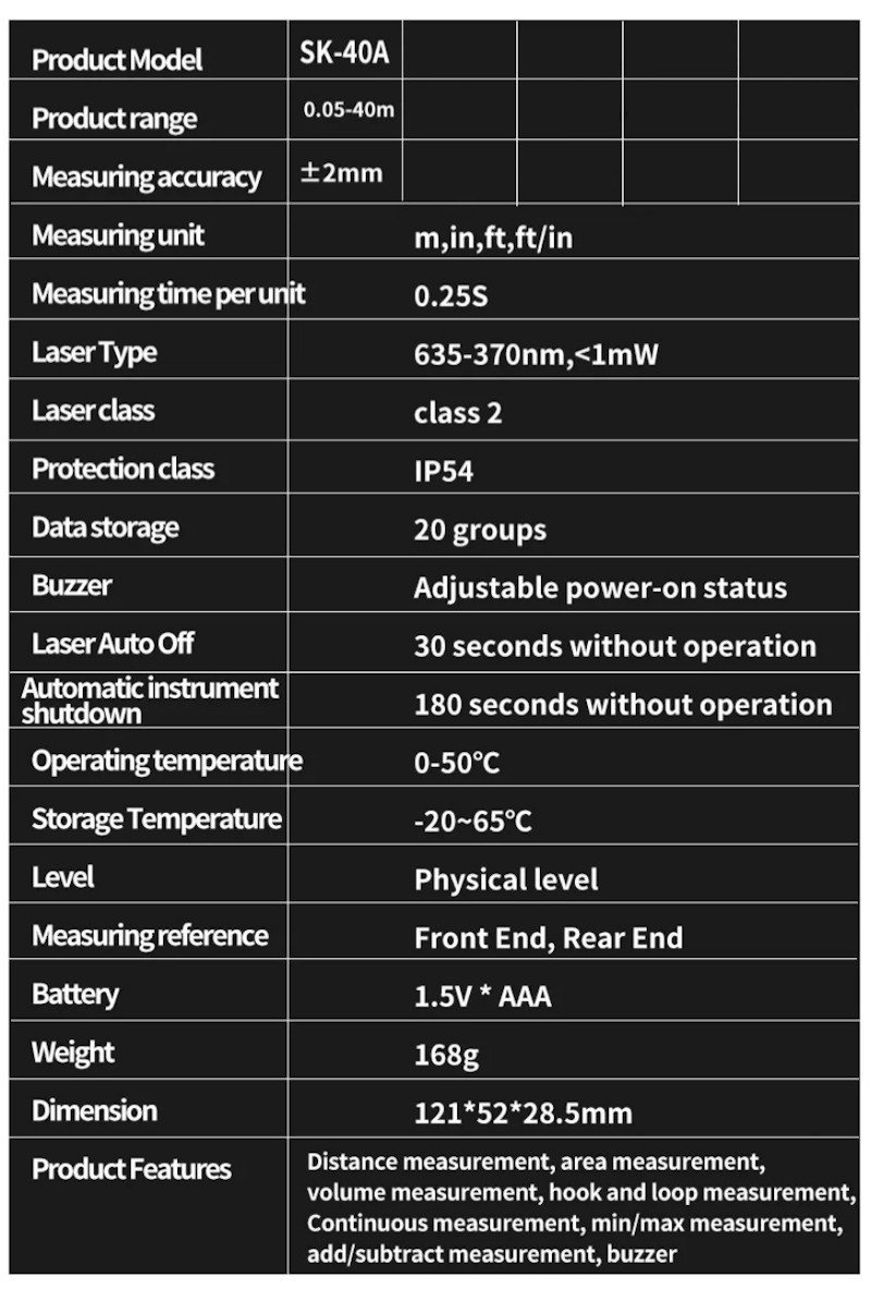 מד מרחק דיגיטלי בקרן לייזר עד 40 מטר SNAKOL SK-40A — דיוק ±2 מ