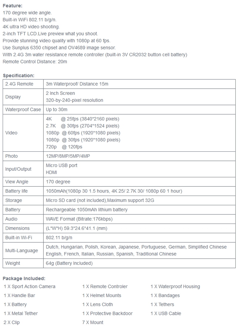 עם שלט חדישה 2026 D4409 WIFI 4K מצלמת ספורט אקסטרים.