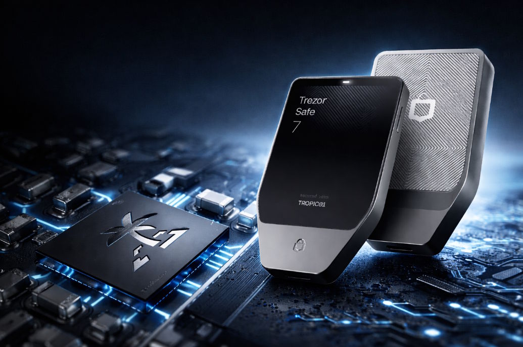 Trezor Safe 7 ארנק חומרה מוצפן לניהול נכסי קריפטו עם מסך מגע ובלוטוס.