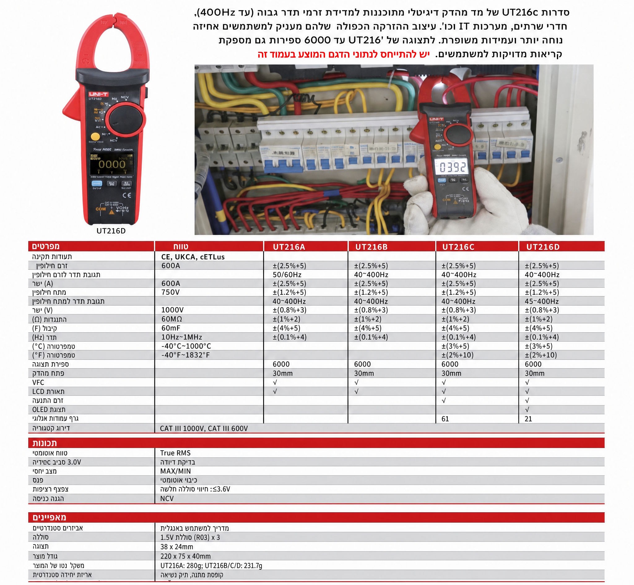 UNI-T UT216A רב מודד צבת דיגיטלי מקצועי עם תצוגת LCD רחבה ותאורת פנס.