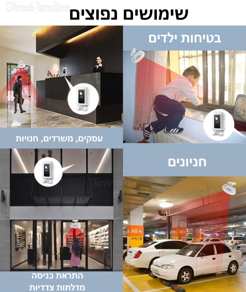פעמון/אזעקה אלחוטי לדלת/חלון KERUI M7 עם 2 גלאי תנועה &mdash; טווח עד 150 מטר, 32 צלילים, פנס מובנה.